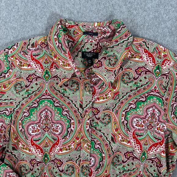 Talbots Colorful Paisley Button Down Shirt Women's 14 Petite Stretch Green Pink - Picture 4 of 9